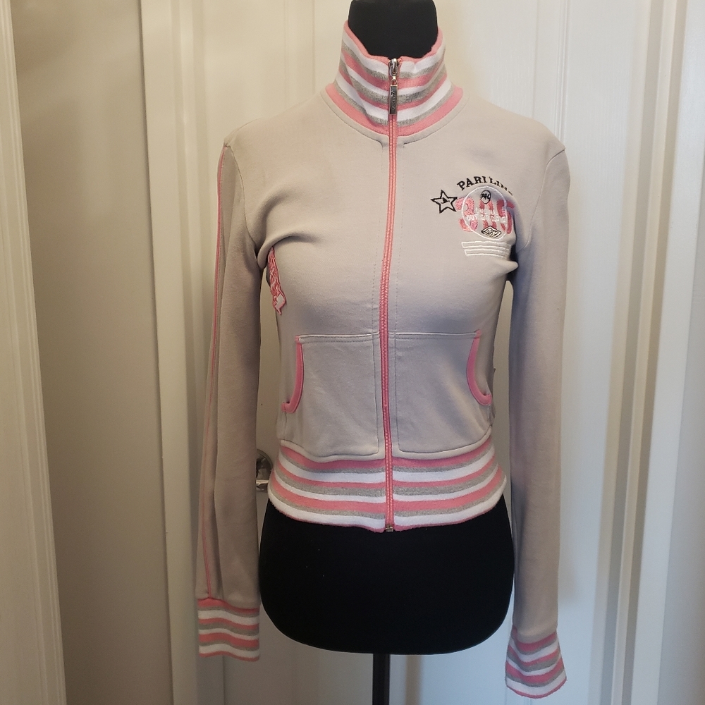 Zip up sweater - off-grey w/grey, pink, white